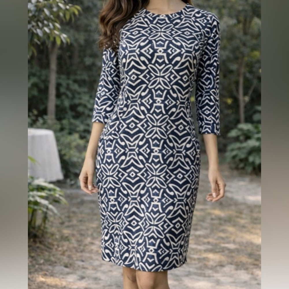 J McLaughlin Catalyst Sheath Dress Large Catalina Cloth Blue Cream Geometric